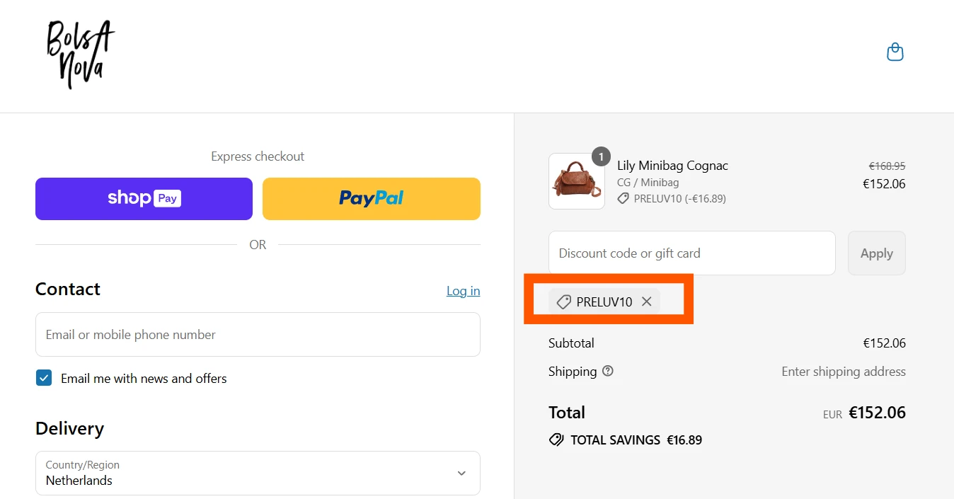 Bolsa Nova Handbags verified coupon code PRELUV10